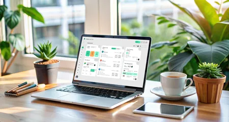Laptop showing online presence with plant in background