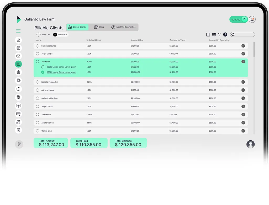 Billing application user interface