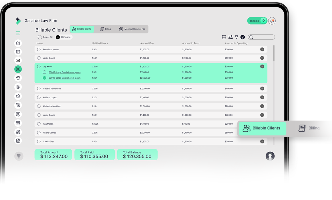 Billing application user interface