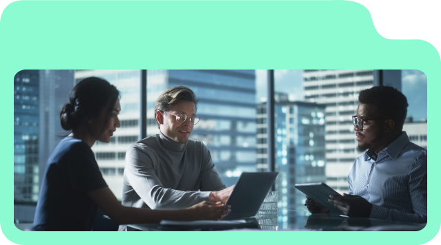 Two professionals discussing client portal features