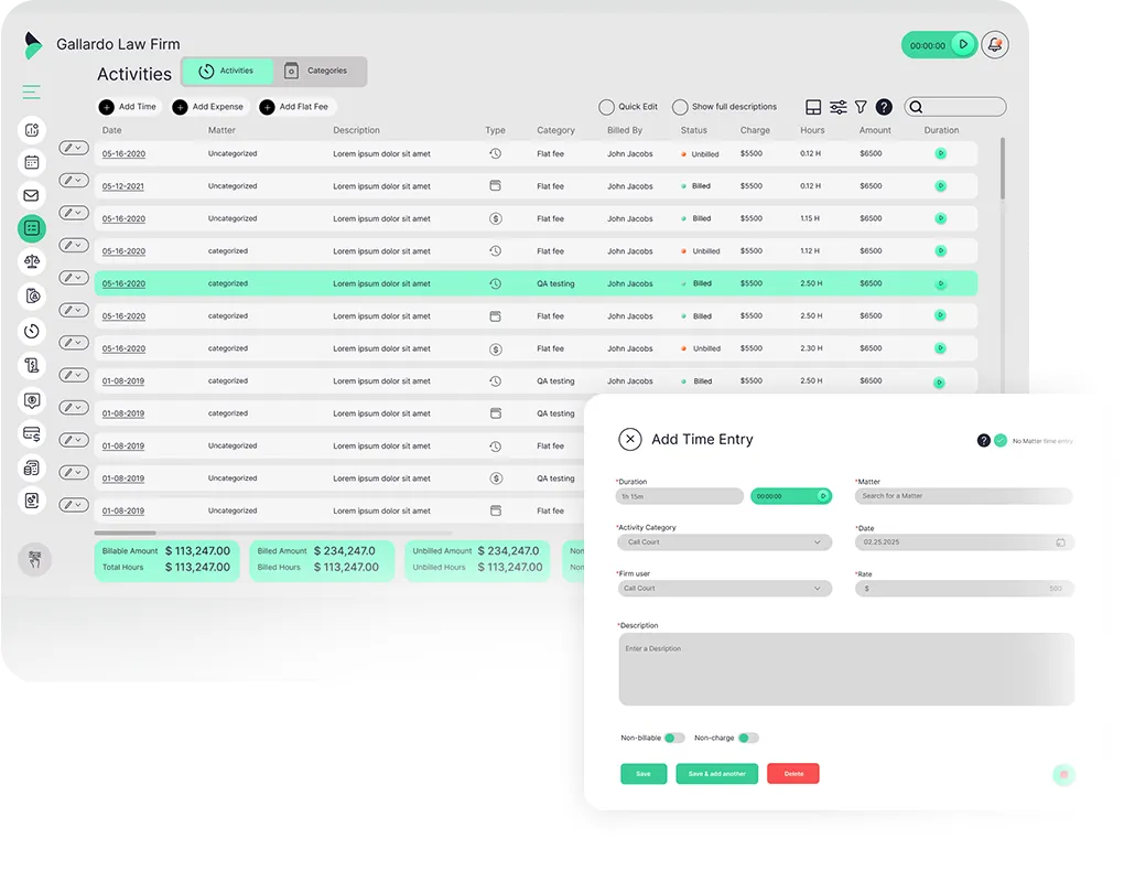 Time tracking and billing application user interface