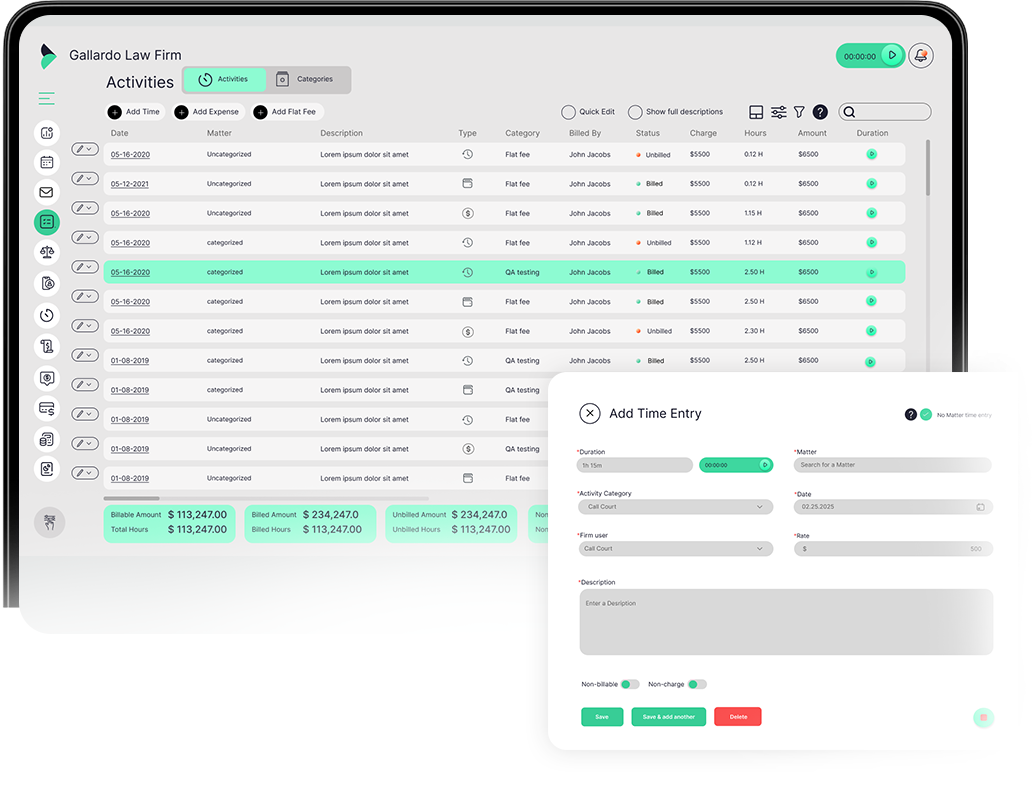 Time tracking and billing application user interface